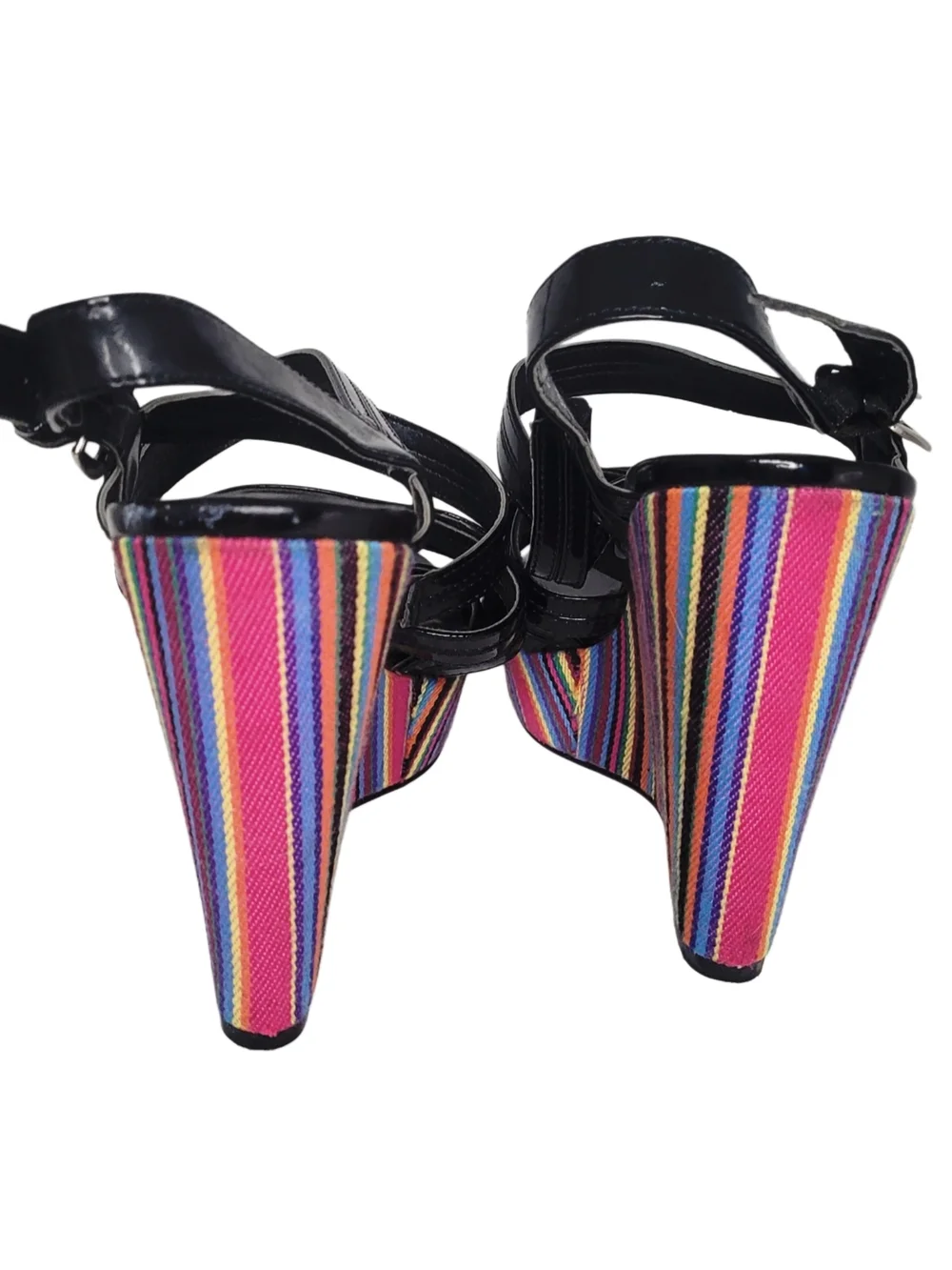 Retro Westies Black Patent Strappy Wedge Sandals w/ Fabric Rainbow Stripes